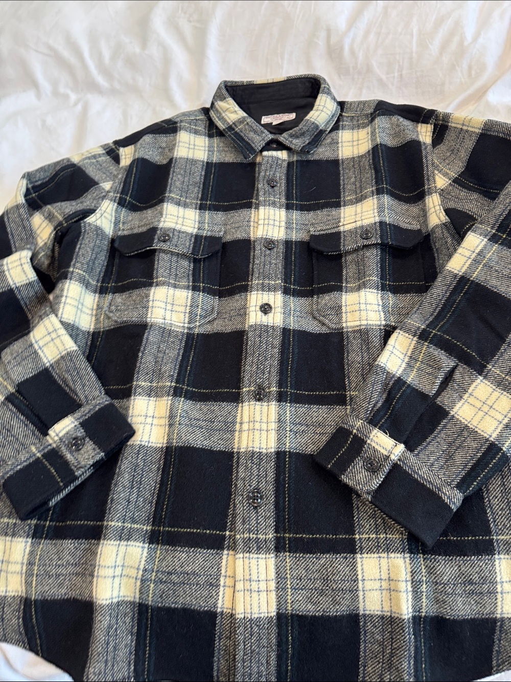 Wallace & Barnes Plaid Button-Up Flannel Shirt Jacket - Black & Cream,100% Wool